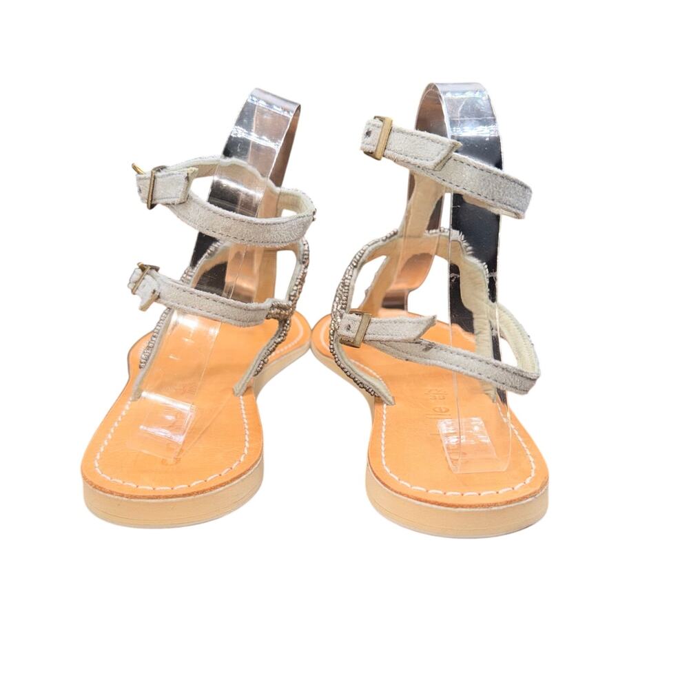 Cocobelle Beaded Leather T Strap Sandals Gray EU 38 US 7.5 Flat Boho - Picture 4 of 11
